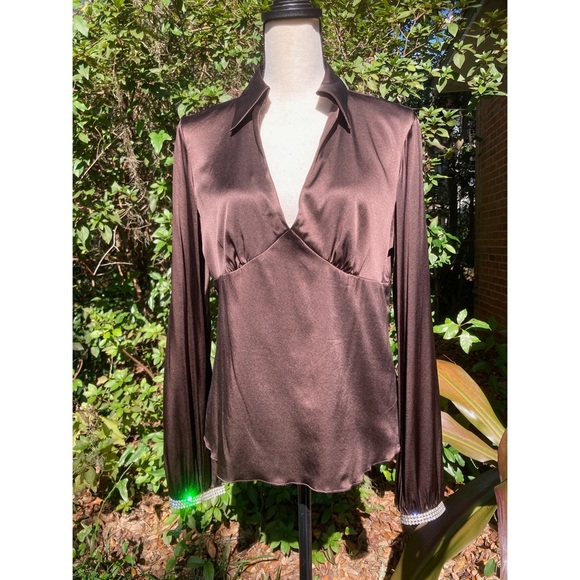 Trina Turk Brown Silk Blouse - Large, Rhinestone Cuffs Long Sleeve, Saks 5th Ave - Picture 6 of 8